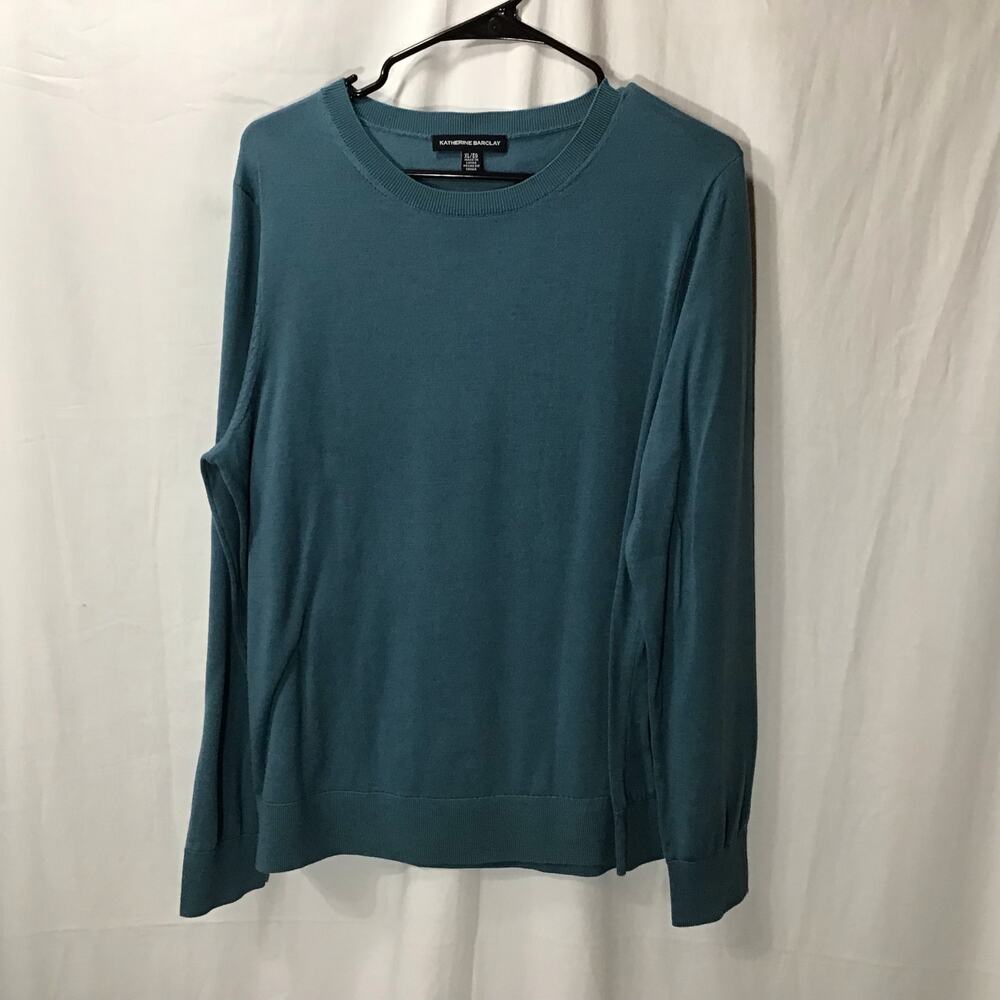 Katherine Barclay Peacock Blue Extra Fine Merino Wool Crewneck Sweater XL